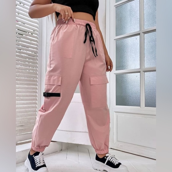 Plus Size Dusty Pink Cargo Pants with Flap Pockets & Drawstring Waist - Size 3XL - Picture 1 of 6